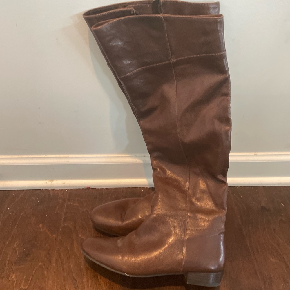 Nine West Knee High Leather Boots Size 7 Brown Minimalist Office Chic Effortless